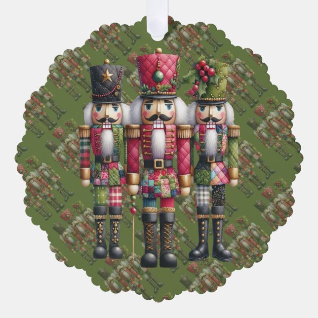 Whimsical Patchwork Christmas Nutcracker Trio Tree Decoration Card (Front)