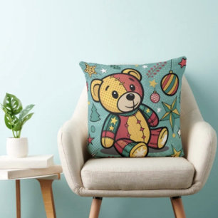 Whimsical Patchwork Christmas Teddy Bear Cushion