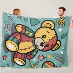 Whimsical Patchwork Christmas Teddy Bear Fleece Blanket