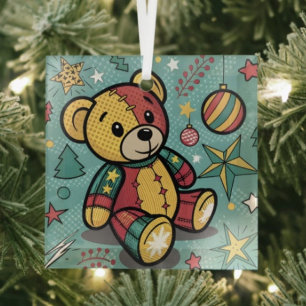 Whimsical Patchwork Christmas Teddy Bear Glass Tree Decoration