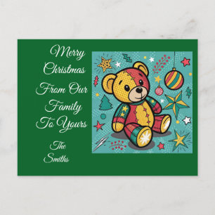 Whimsical Patchwork Christmas Teddy Bear Holiday Postcard