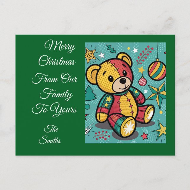 Whimsical Patchwork Christmas Teddy Bear Holiday Postcard (Front)