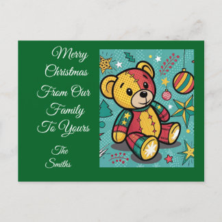 Whimsical Patchwork Christmas Teddy Bear Holiday Postcard