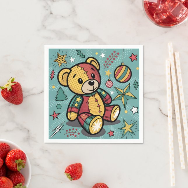 Whimsical Patchwork Christmas Teddy Bear Napkin (Insitu)