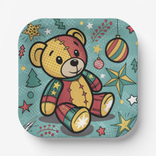 Whimsical Patchwork Christmas Teddy Bear Paper Plate
