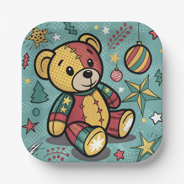 Whimsical Patchwork Christmas Teddy Bear Paper Plate (Front)