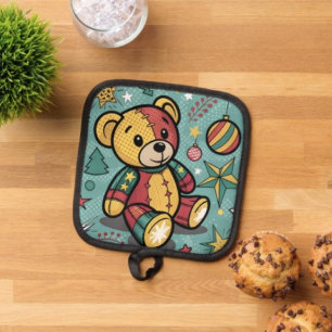 Whimsical Patchwork Christmas Teddy Bear Pot Holder