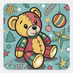 Whimsical Patchwork Christmas Teddy Bear Square Sticker