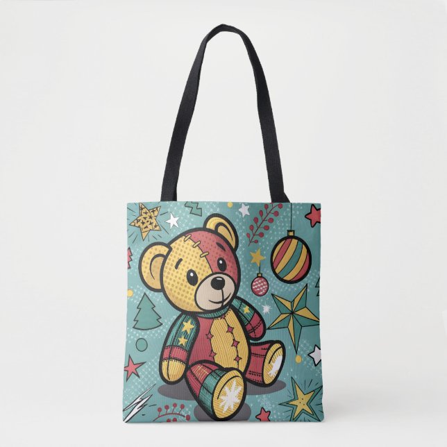 Whimsical Patchwork Christmas Teddy Bear Tote Bag (Front)