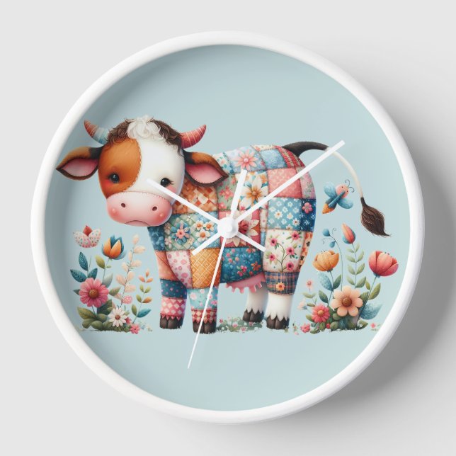 Whimsical Patchwork Cow With Floral Accents Clock (Front)