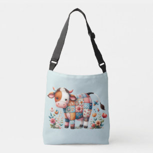 Whimsical Patchwork Cow With Floral Accents Crossbody Bag