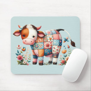 Whimsical Patchwork Cow With Floral Accents Mouse Mat