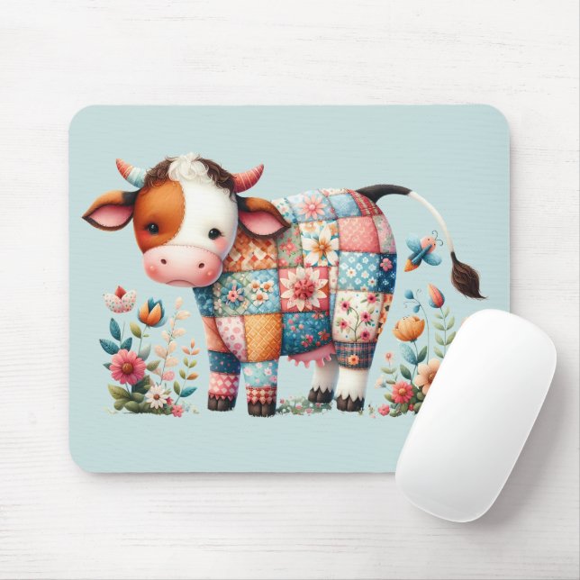 Whimsical Patchwork Cow With Floral Accents Mouse Mat (With Mouse)