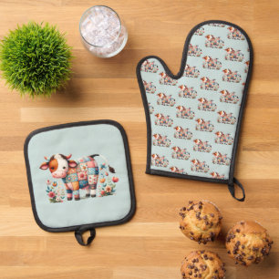 Whimsical Patchwork Cow With Floral Accents Oven Mitt & Pot Holder Set