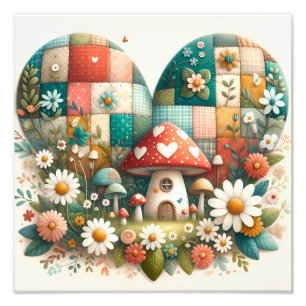 Whimsical Patchwork Heart Mushroom House Photo Print