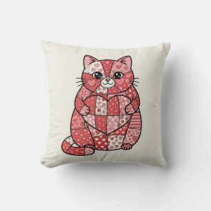 Whimsical Patchwork Kitten Holding Heart Art Cushion