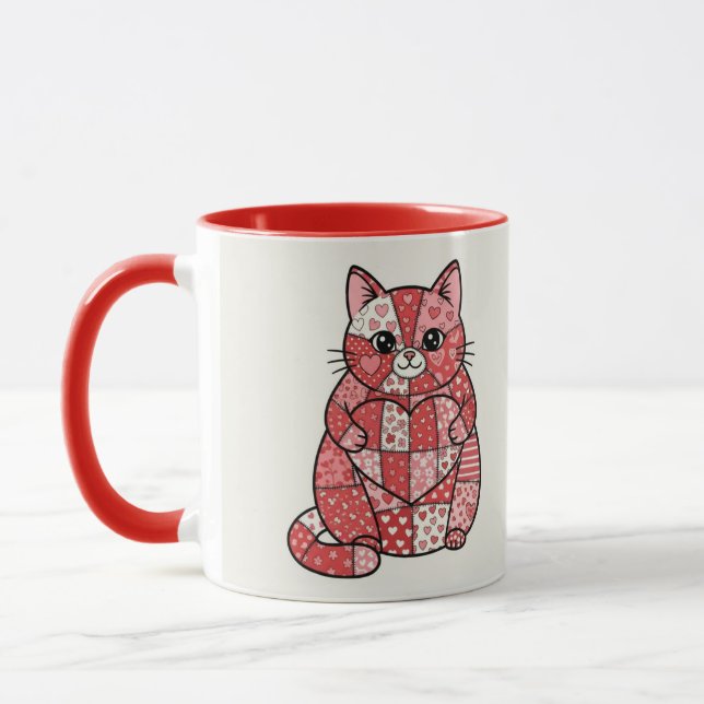 Whimsical Patchwork Kitten Holding Heart Art Mug (Left)