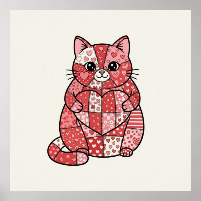 Whimsical Patchwork Kitten Holding Heart Art Poster (Front)