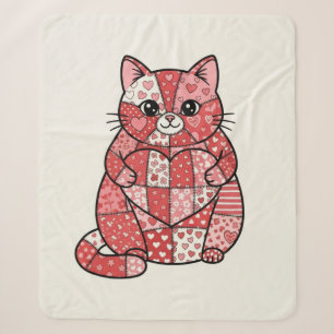 Whimsical Patchwork Kitten Holding Heart Art Sherpa Blanket