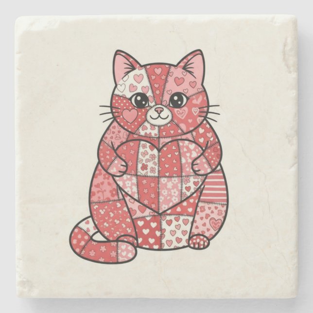 Whimsical Patchwork Kitten Holding Heart Art Stone Coaster (Front)