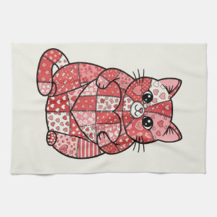 Whimsical Patchwork Kitten Holding Heart Art Tea Towel