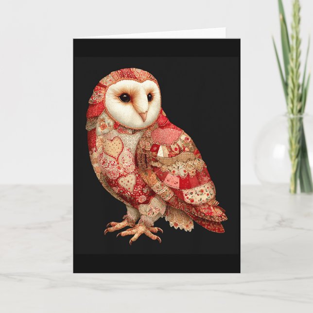 Whimsical Patchwork Owl With Hearts Pattern  Card (Front)