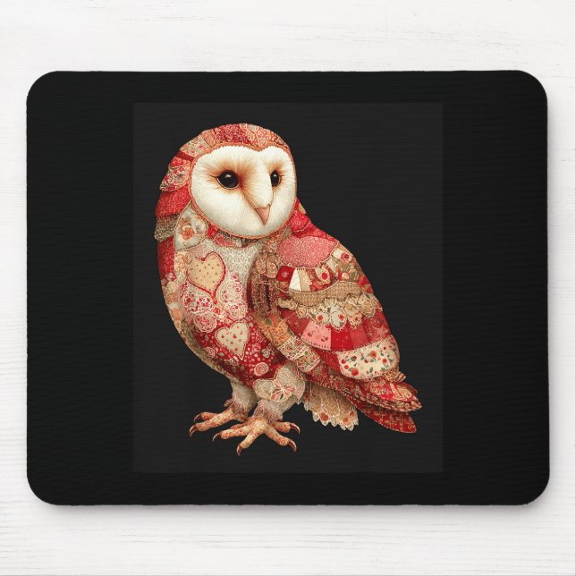 Whimsical Patchwork Owl With Hearts Pattern  Mouse Mat (Front)
