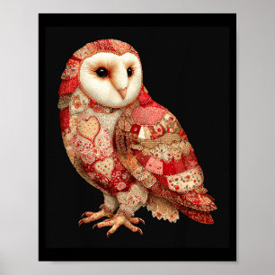 Whimsical Patchwork Owl With Hearts Pattern Poster