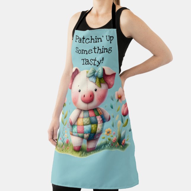 Whimsical Patchwork Pig in Floral Garden Apron (Insitu)