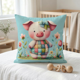 Whimsical Patchwork Pig in Floral Garden Cushion