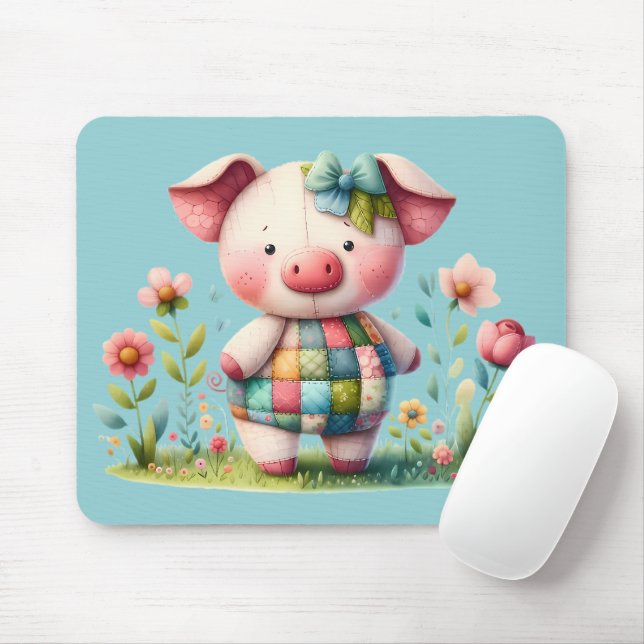 Whimsical Patchwork Pig in Floral Garden Mouse Mat (With Mouse)