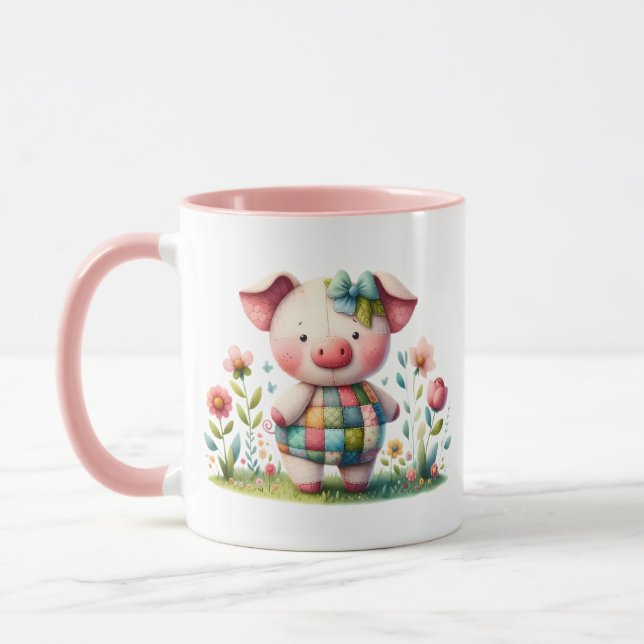 Whimsical Patchwork Pig in Floral Garden Mug (Left)