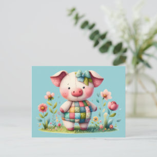 Whimsical Patchwork Pig in Floral Garden Postcard