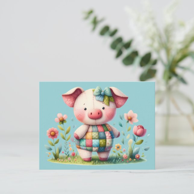 Whimsical Patchwork Pig in Floral Garden Postcard (Standing Front)