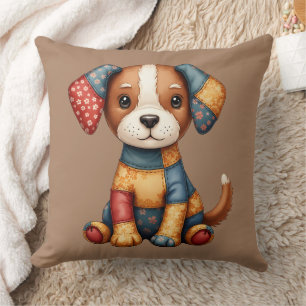 Whimsical Patchwork Puppy Cottagecore Folk Art Cushion