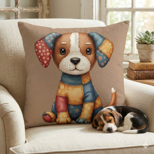 Whimsical Patchwork Puppy Folk Art Cottagecore  Cushion