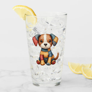 Whimsical Patchwork Puppy Folk Art Cottagecore  Glass