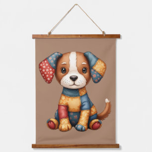 Whimsical Patchwork Puppy Folk Art Cottagecore  Hanging Tapestry