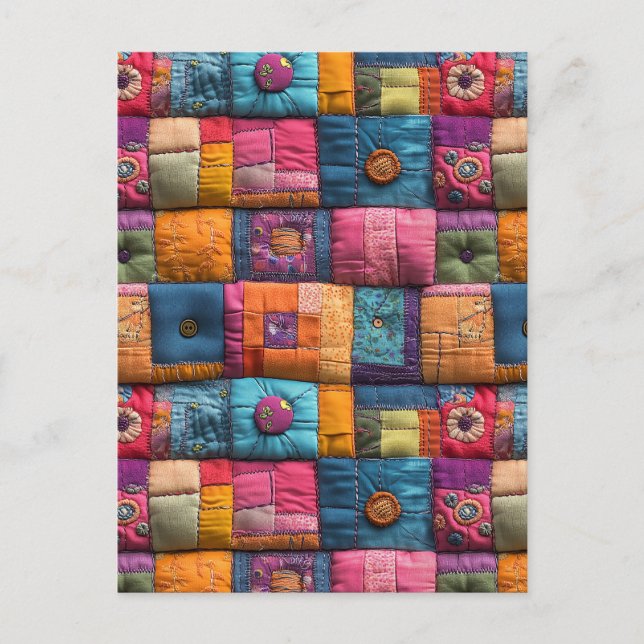 Whimsical Patchwork Quilt Pattern: Colorful Design Postcard (Front)