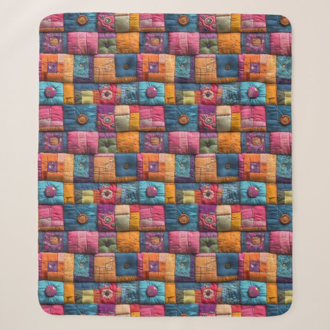Whimsical Patchwork Quilt Pattern: Colorful Design Sherpa Blanket (Front)