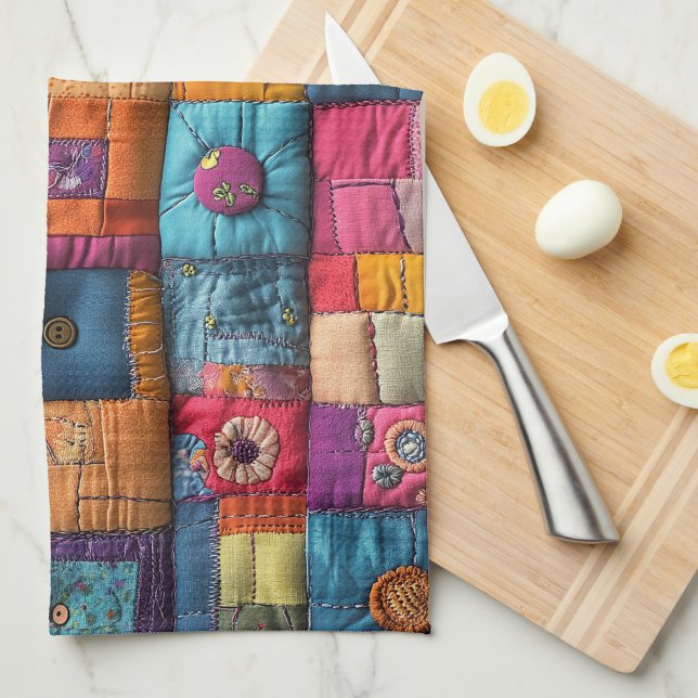 Whimsical Patchwork Quilt Pattern: Colorful Design Tea Towel (Quarter Fold)