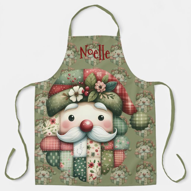 Whimsical Patchwork Santa Folk Christmas Apron (Front)