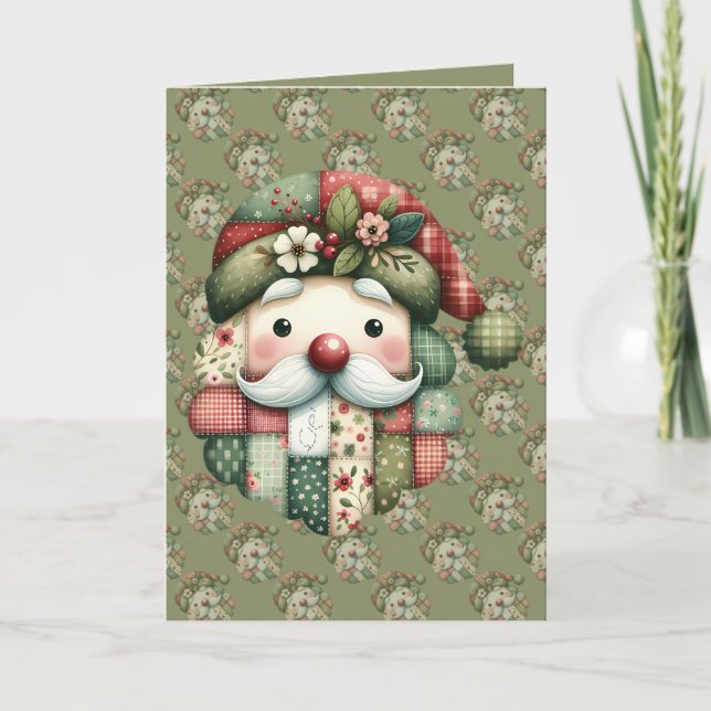 Whimsical Patchwork Santa Folk Christmas Card (Front)