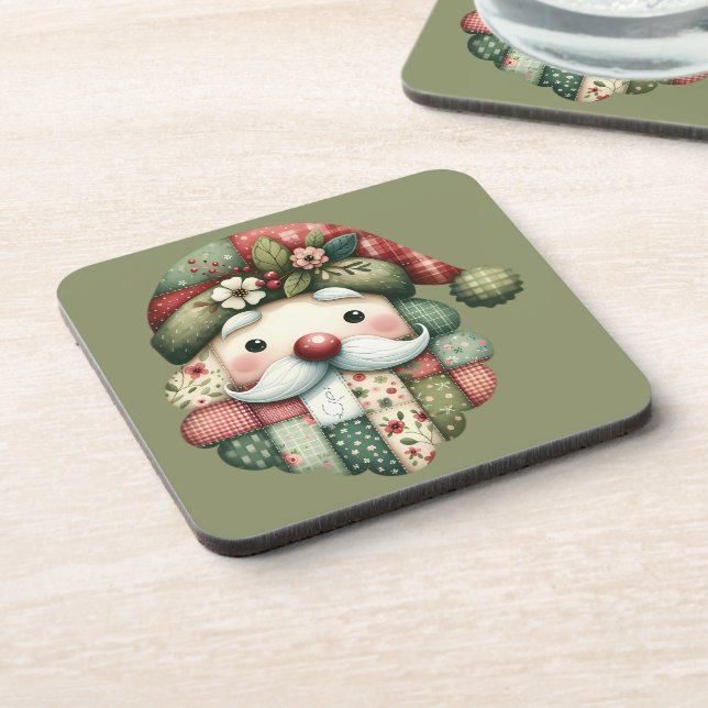 Whimsical Patchwork Santa Folk Christmas Coaster (Left Side)