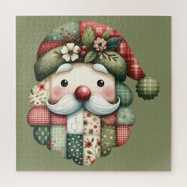 Whimsical Patchwork Santa Folk Christmas Jigsaw Puzzle (Vertical)