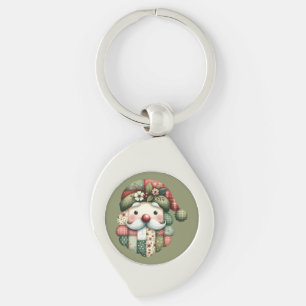 Whimsical Patchwork Santa Folk Christmas Key Ring