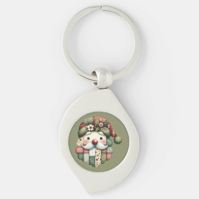Whimsical Patchwork Santa Folk Christmas Key Ring (Front)