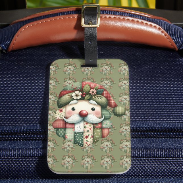 Whimsical Patchwork Santa Folk Christmas Luggage Tag (Front Insitu 2)