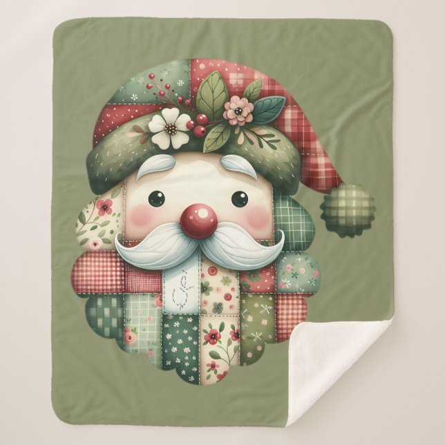 Whimsical Patchwork Santa Folk Christmas Sherpa Blanket (Front)