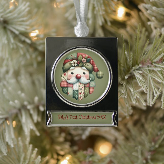 Whimsical Patchwork Santa Folk Christmas Silver Plated Banner Ornament (Tree)